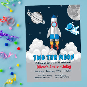 Two The Moon Boy Space Rocket 2nd Birthday  Invitation