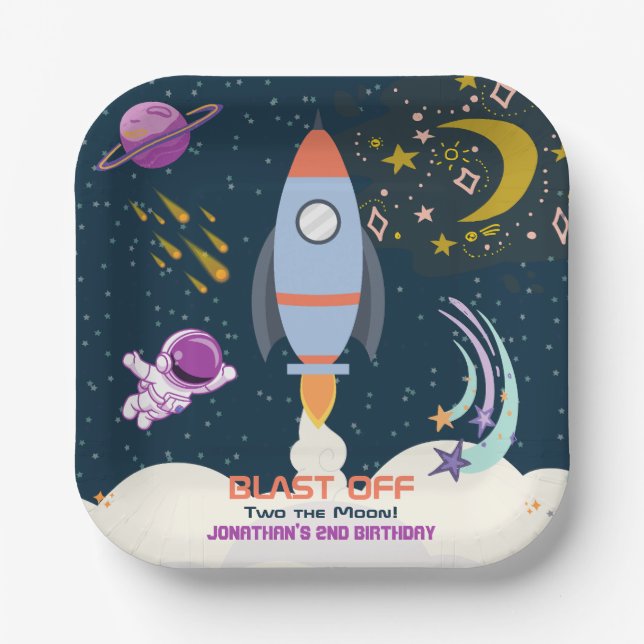 Two The Moon Boy Space Rocket 2nd Birthday Paper Plate (Front)