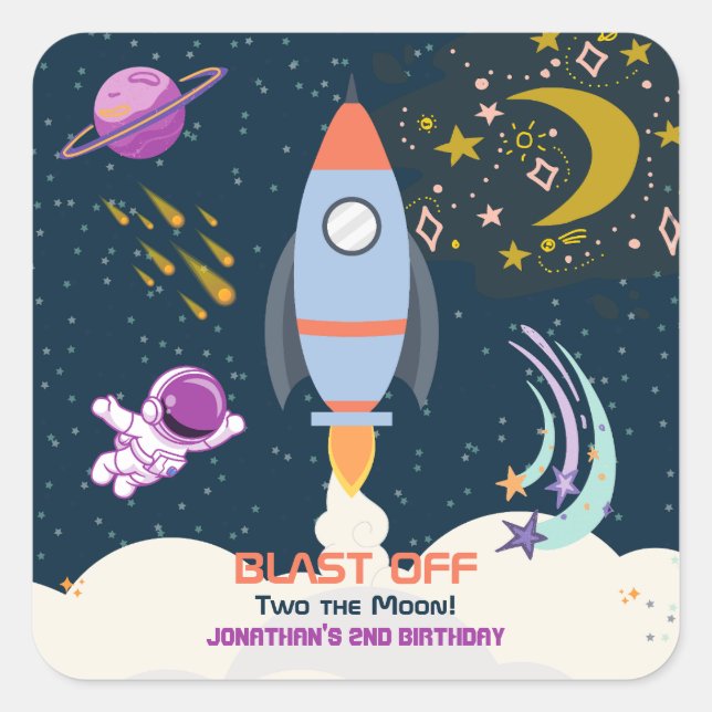 Two The Moon Boy Space Rocket 2nd Birthday Square Sticker (Front)