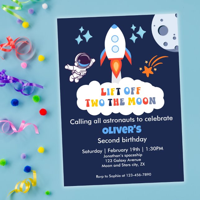 Two The Moon Boy Space Rocket Lift Off 2nd Bday Invitation (Creator Uploaded)