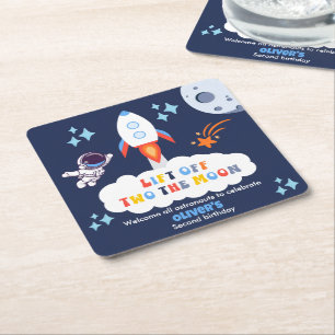 Two The Moon Boy Space Rocket Lift Off 2nd Bday Square Paper Coaster