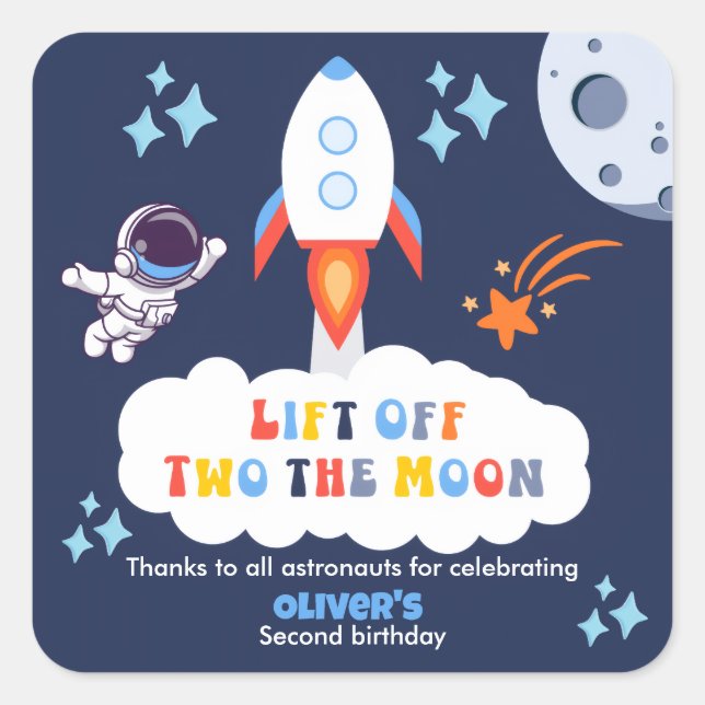 Two The Moon Boy Space Rocket Lift Off 2nd Bday Square Sticker (Front)