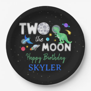 Two The Moon Dinosaur Astronaut 2nd Birthday Paper Plate