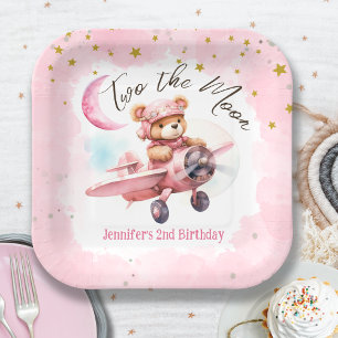 TWO the Moon   Girl Pink 2nd Birthday Paper Paper Plate