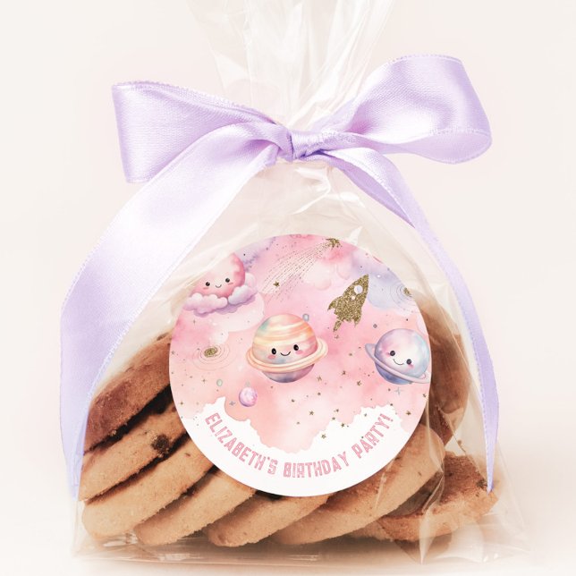 Two the Moon Girl pink Outer space Birthday Classic Round Sticker (Creator Uploaded)