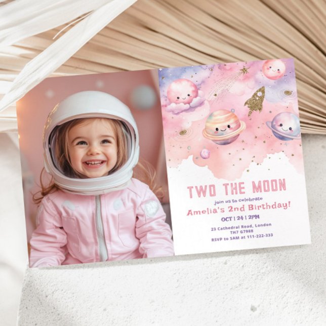 Two the Moon Girl pink Space Birthday photo Invitation (Creator Uploaded)