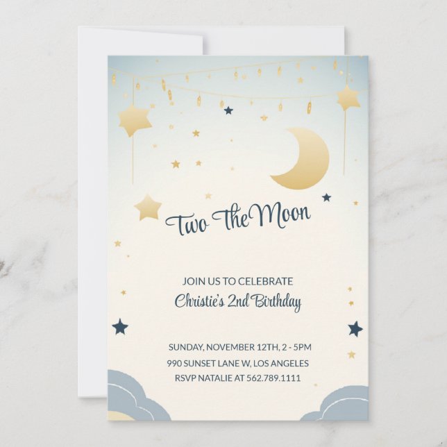 Two The Moon Girl Second Birthday Party Invitation (Front)
