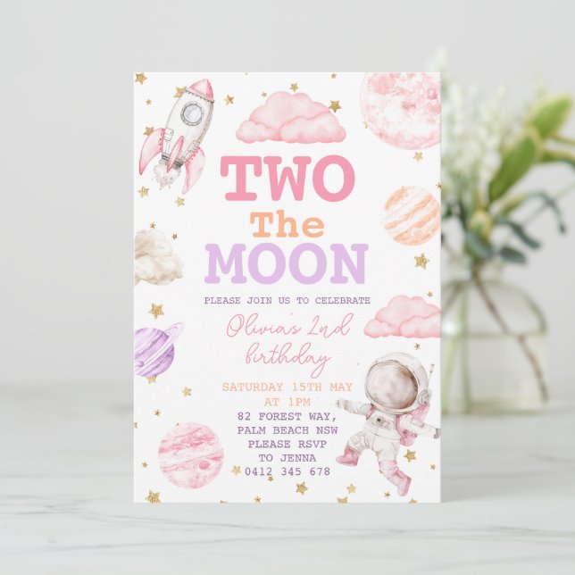 Two the Moon Girl Space 2nd Birthday Invitation (Standing Front)
