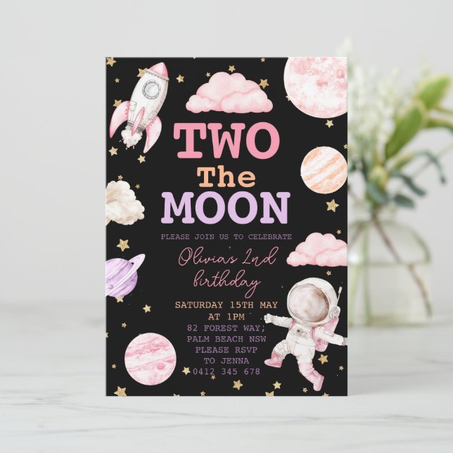 Two the Moon Girl Space 2nd Birthday Invitation (Standing Front)