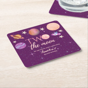 Two The Moon Girl Space Pink Planets 2nd Bday Square Paper Coaster