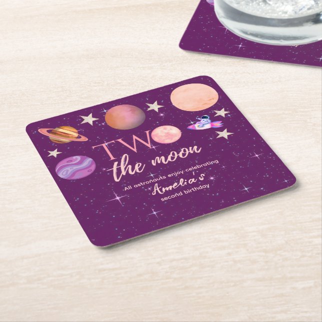 Two The Moon Girl Space Pink Planets 2nd Bday Square Paper Coaster (Angled)