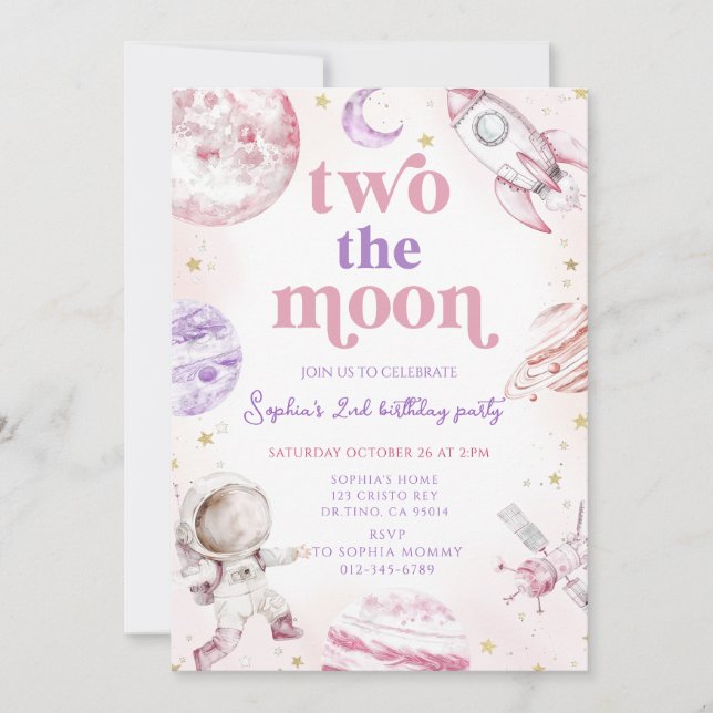 Two the Moon Girl's Birthday Invitation (Front)