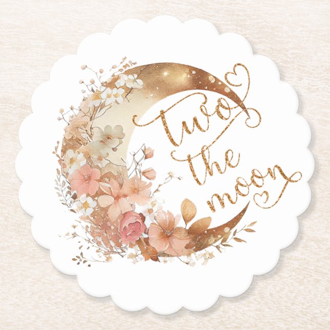Two the moon gold floral girl 2nd birthday paper coaster (Front)