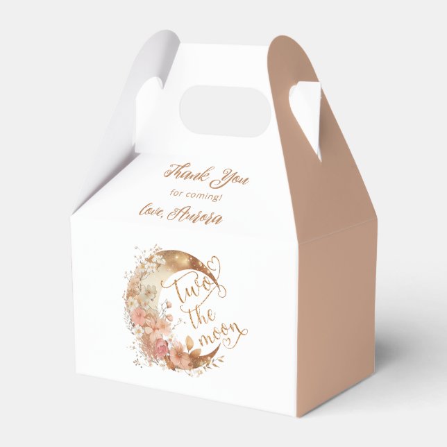 Two the moon gold floral girl 2nd birthday party favour box (Front Side)