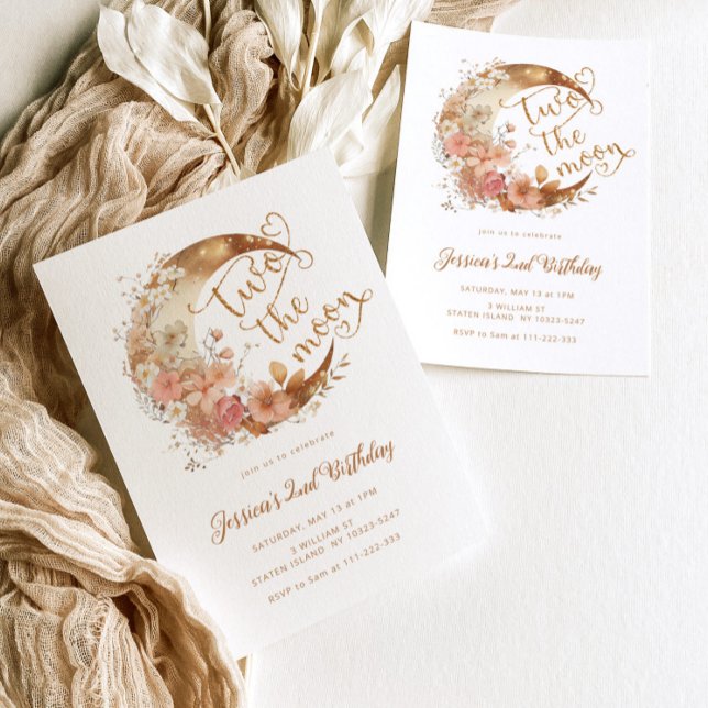 Two the moon gold pink girl 2nd birthday invitation (Creator Uploaded)