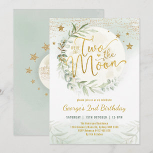Two the Moon Greenery Gold Neutral 2nd Birthday Invitation