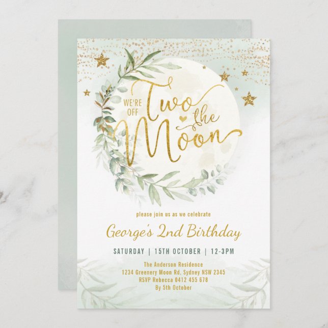 Two the Moon Greenery Gold Neutral 2nd Birthday Invitation (Front/Back)