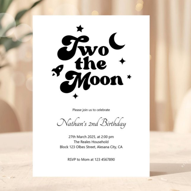 Two The Moon Minimalist 2nd Birthday Invitation (Minimalist Outer Space 2nd Birthday, Editable Minimalist Two the Moon Birthday Invitation, Boy or Gi)