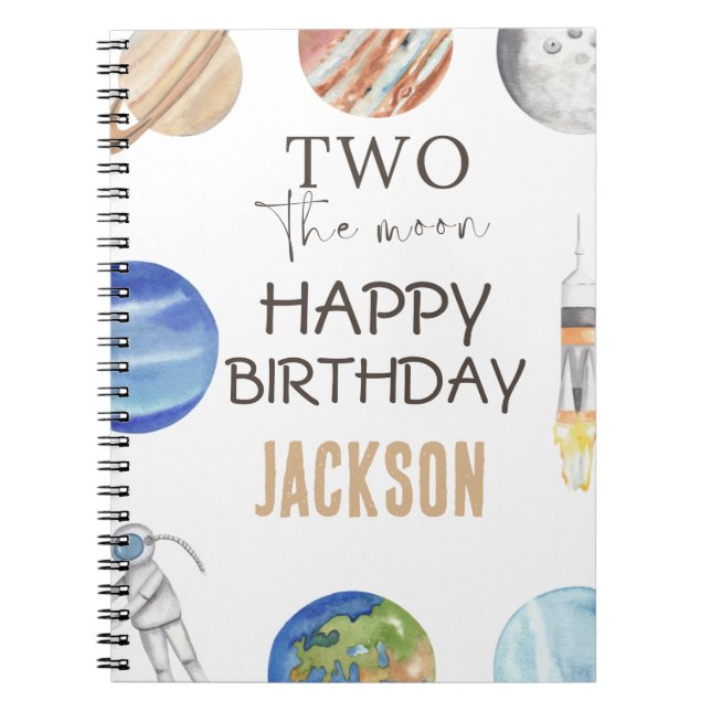Two The Moon | Modern Space 2nd Birthday Décor Notebook (Front)