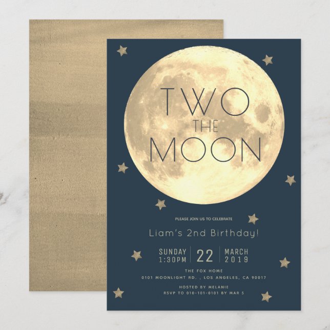 Two the Moon Navy Blue Boy 2nd Birthday Invitation (Front/Back)