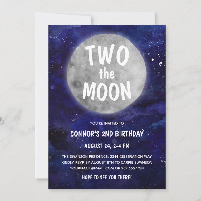 Two the Moon Navy Blue Boy 2nd Birthday Party Invitation (Front)