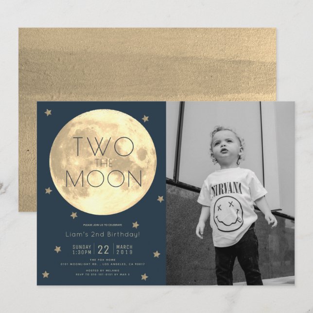 Two the Moon Navy Blue Boy Photo 2nd Birthday Invitation (Front/Back)