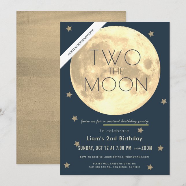 Two the Moon Navy Blue Boy Virtual 2nd Birthday Invitation (Front/Back)