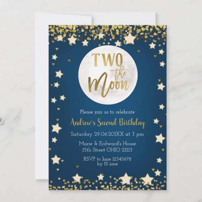 Two The Moon Navy Invitation, 2nd Birthday Invitation (Front)
