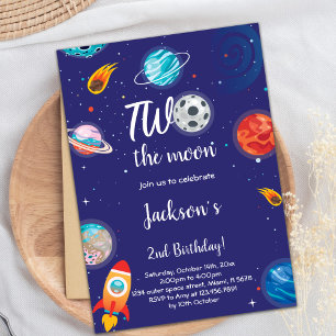 Two the moon Outer space Birthday Invitations