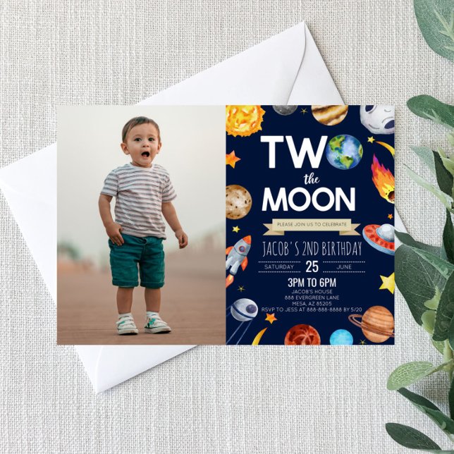 Two The Moon Outer Space Blue 2nd Birthday Party Invitation (Creator Uploaded)