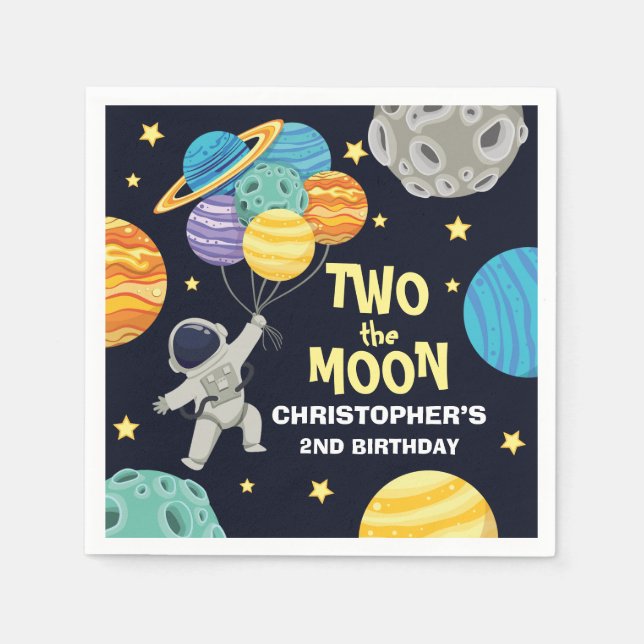 Two the moon Outer Space Blue 2nd Birthday Party Napkin (Front)