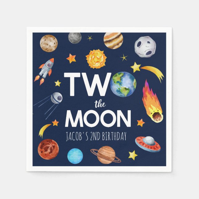 Two The Moon Outer Space Planet Birthday Party Napkin (Front)