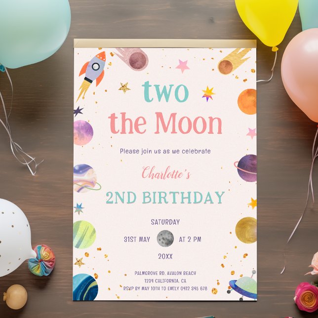Two the Moon Pastel Outerspace Space 2nd Birthday Invitation (Two the Moon Pastel Outerspace Space 2nd Birthday Invitation)