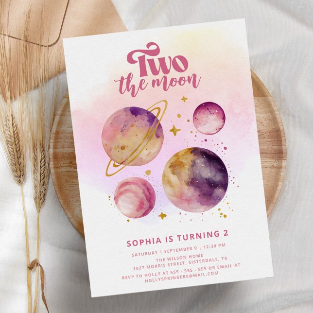Two the Moon Pink Girl 2nd Birthday Invitation (Creator Uploaded)