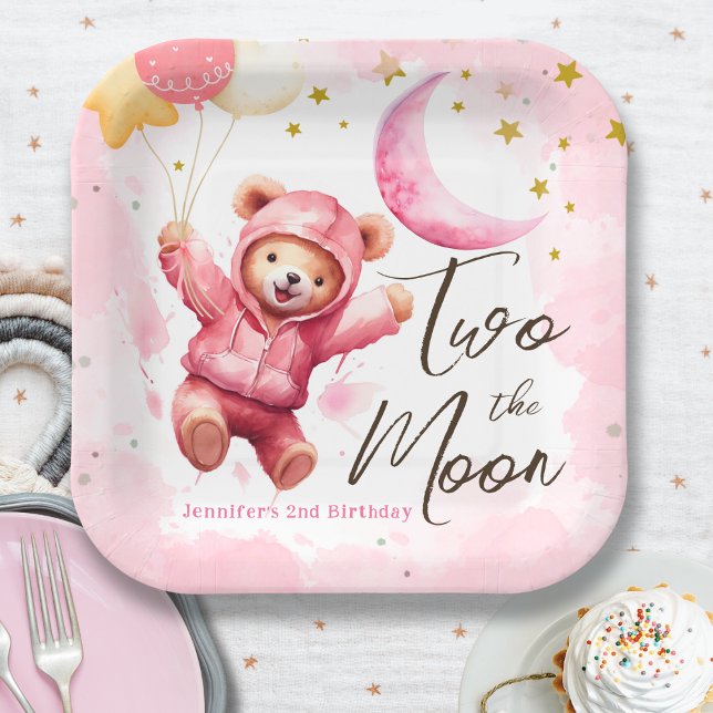 TWO the Moon | Pink Girl 2nd Birthday Invitation Paper Plate (Creator Uploaded)