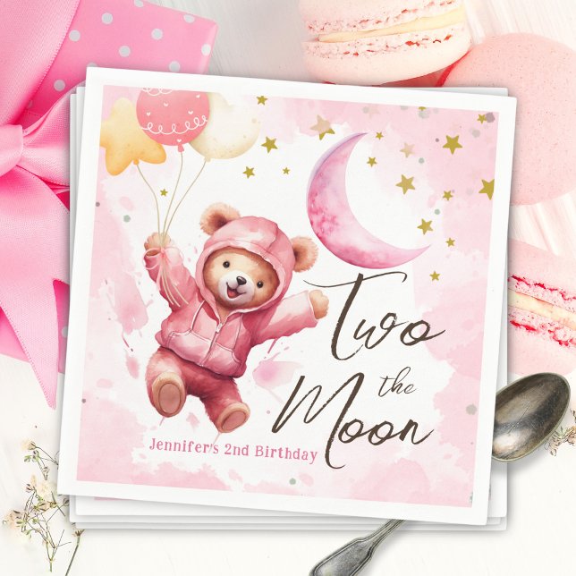 TWO the Moon | Pink Girl 2nd Birthday Napkin (Creator Uploaded)