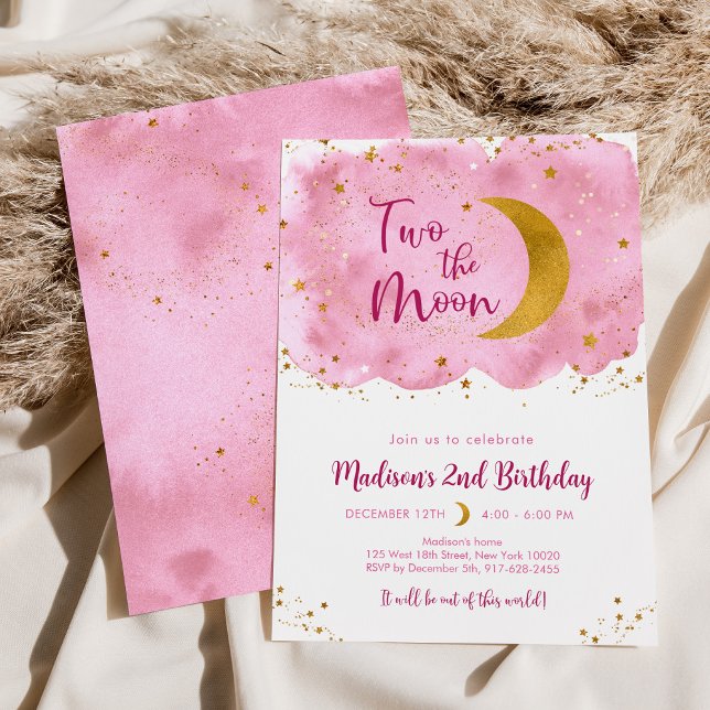 Two the Moon Pink Gold Galaxy Birthday Invitation (Creator Uploaded)