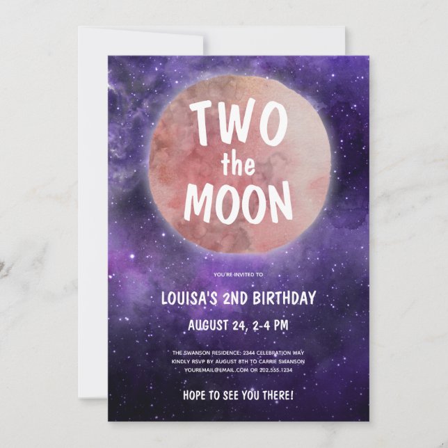 Two the Moon Purple Pink Girl 2nd Birthday Party Invitation (Front)