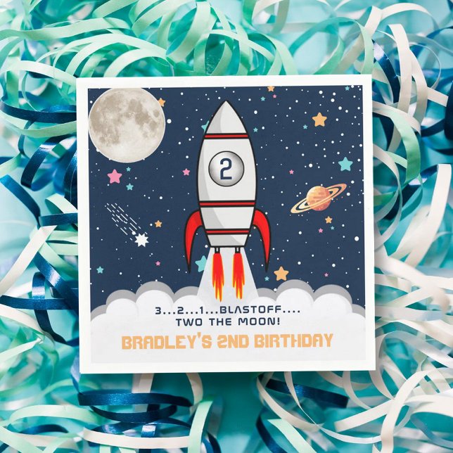 Two the Moon Rocket Ship 2nd Birthday Napkin (Creator Uploaded)