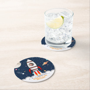 Two the Moon Rocket Ship 2nd Birthday Party Photo Round Paper Coaster