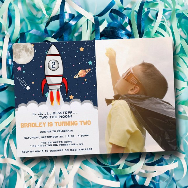 Two the Moon Rocket Ship 2nd Birthday Photo Invitation (Creator Uploaded)