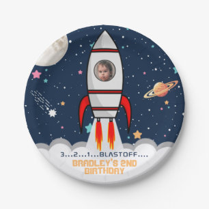Two the Moon Rocket Ship 2nd Birthday Photo Paper Plate