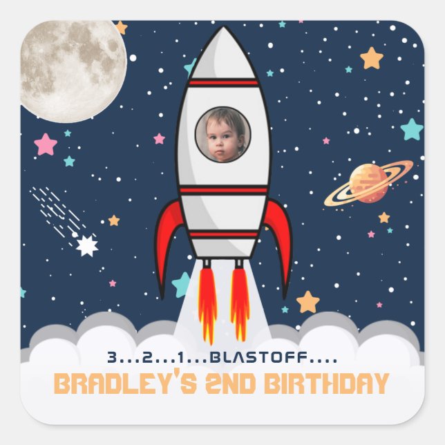 Two the Moon Rocket Ship 2nd Birthday Photo Square Sticker (Front)