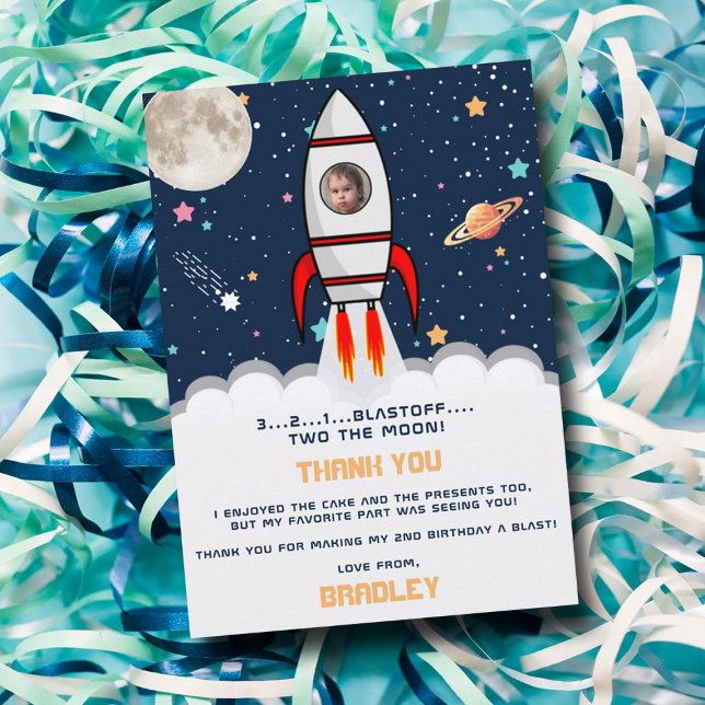 Two the Moon Rocket Ship 2nd Birthday Photo Thank You Card (Creator Uploaded)