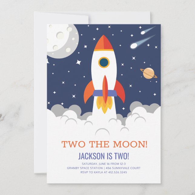 Two the Moon Rocket Ship Birthday Invitation (Front)