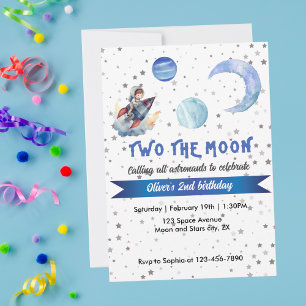Two The Moon Rocket Space Blue Boy 2nd Birthday  Invitation