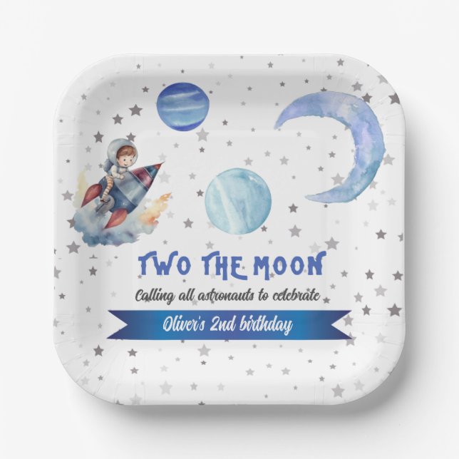 Two The Moon Rocket Space Blue Boy 2nd Birthday  Paper Plate (Front)