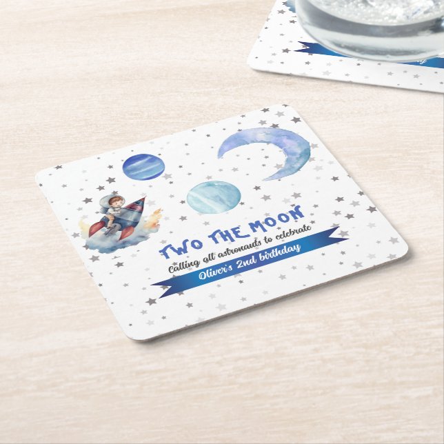 Two The Moon Rocket Space Blue Boy 2nd Birthday  Square Paper Coaster (Angled)