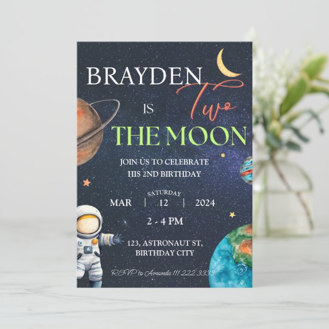 Two the Moon Space Boy 2nd Galaxy Planets Birthday Invitation (Standing Front)