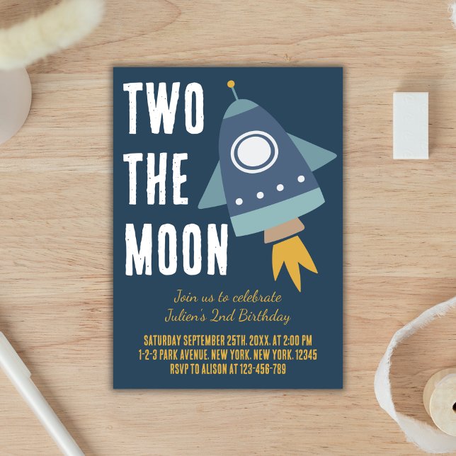 Two the Moon Space Rocket 2nd Birthday Party Invitation (Two the moon Space Rocket 2nd birthday party invitation)